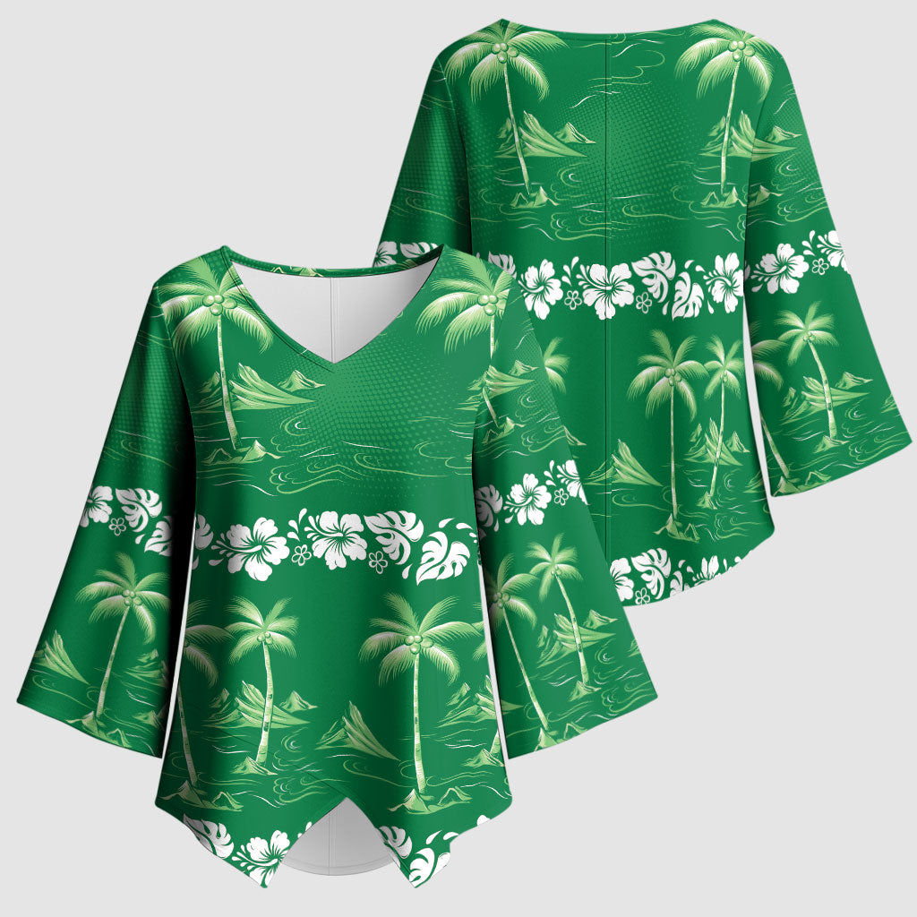 Green Hawaii Palm Tree Hibiscus Kimono Sleeve Blouse Fantasy Summer Vibe