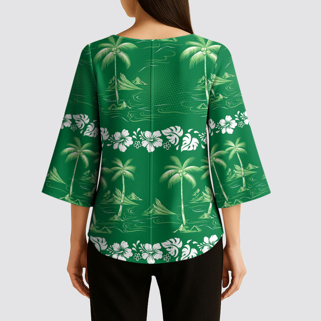 Green Hawaii Palm Tree Hibiscus Kimono Sleeve Blouse Fantasy Summer Vibe