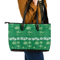 Green Hawaii Palm Tree Hibiscus Leather Tote Bag Fantasy Summer Vibe