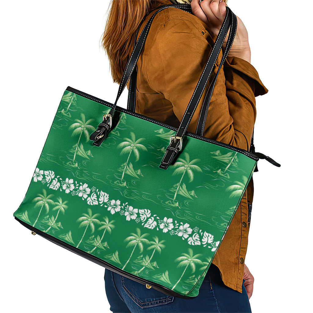 Green Hawaii Palm Tree Hibiscus Leather Tote Bag Fantasy Summer Vibe