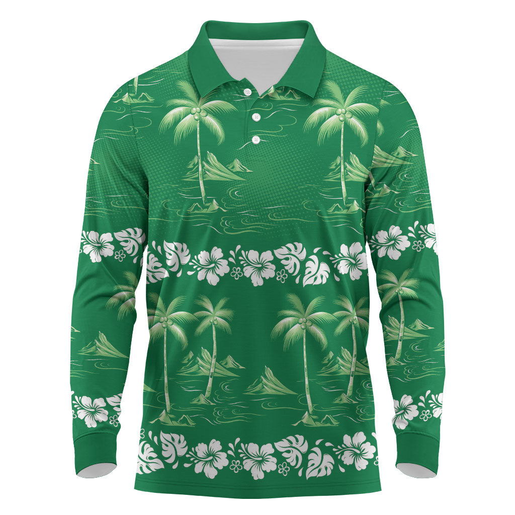 Green Hawaii Palm Tree Hibiscus Long Sleeve Polo Shirt Fantasy Summer Vibe