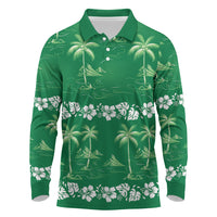 Green Hawaii Palm Tree Hibiscus Long Sleeve Polo Shirt Fantasy Summer Vibe