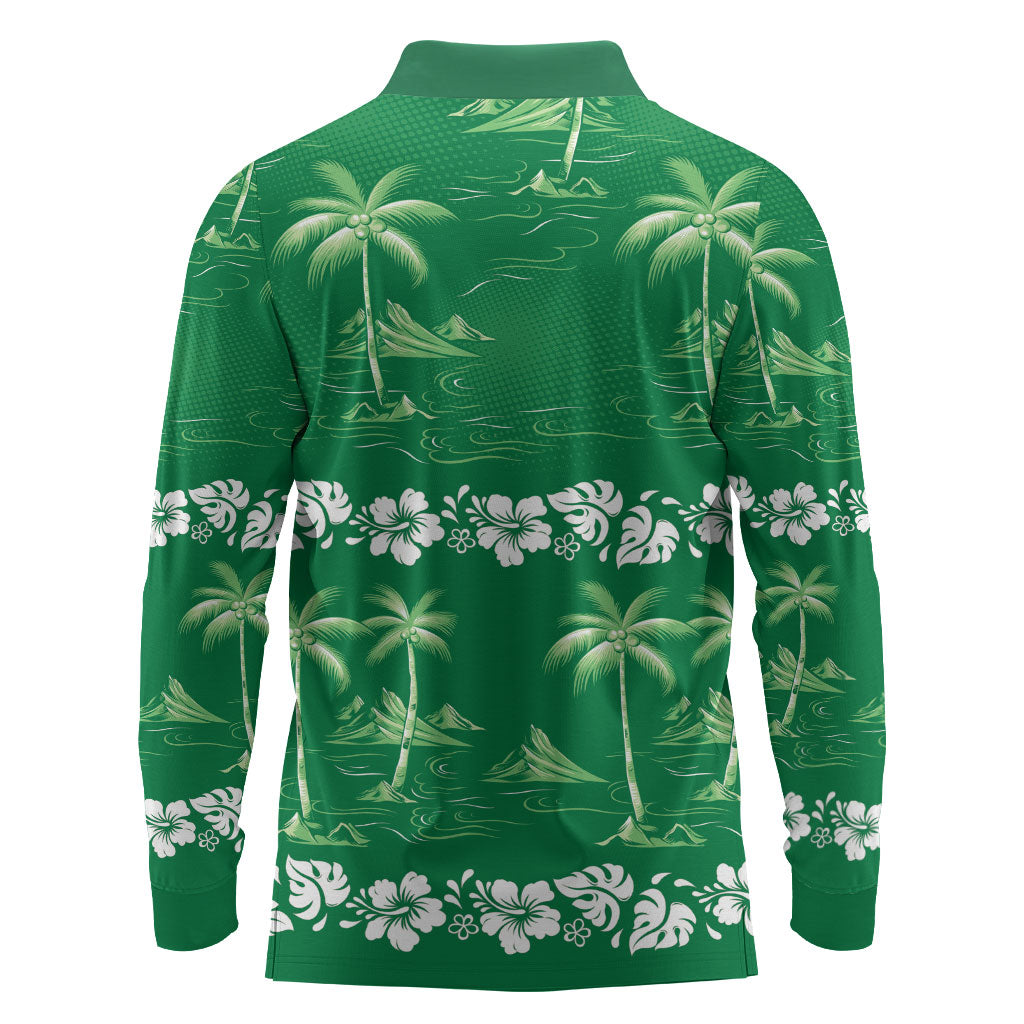 Green Hawaii Palm Tree Hibiscus Long Sleeve Polo Shirt Fantasy Summer Vibe