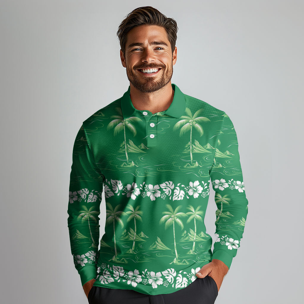 Green Hawaii Palm Tree Hibiscus Long Sleeve Polo Shirt Fantasy Summer Vibe