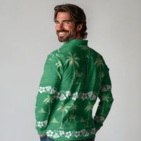 Green Hawaii Palm Tree Hibiscus Long Sleeve Polo Shirt Fantasy Summer Vibe
