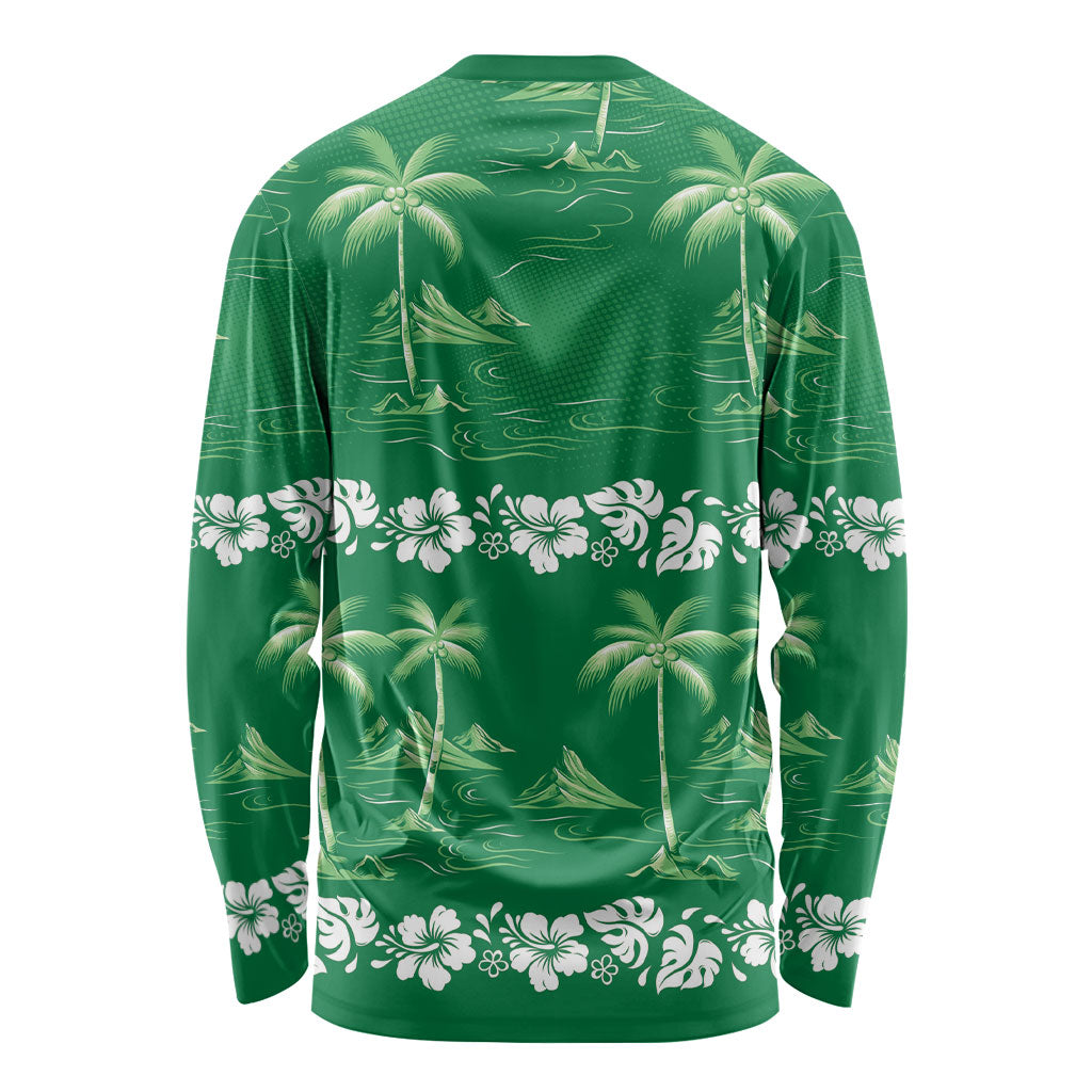 Green Hawaii Palm Tree Hibiscus Long Sleeve Shirt Fantasy Summer Vibe