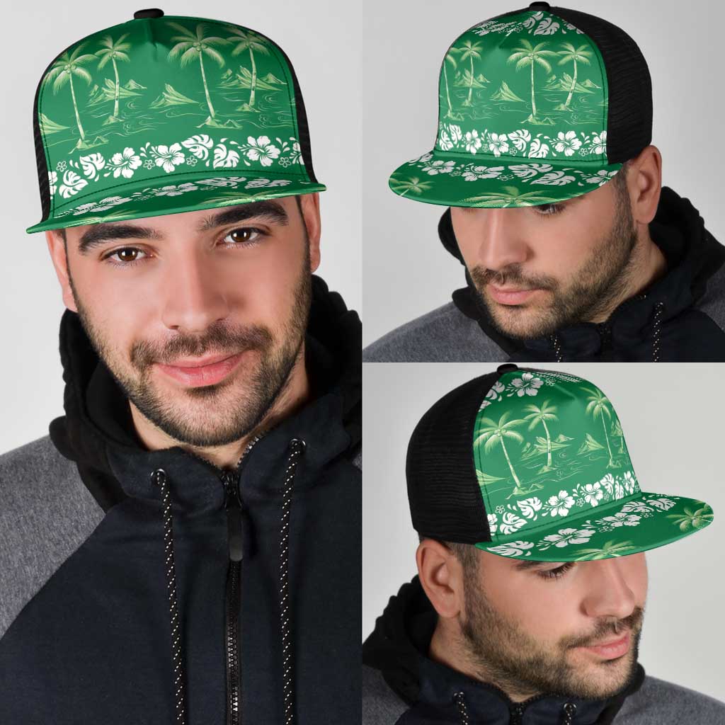Green Hawaii Palm Tree Hibiscus Mesh Trucker Cap Fantasy Summer Vibe