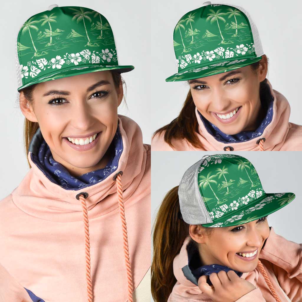 Green Hawaii Palm Tree Hibiscus Mesh Trucker Cap Fantasy Summer Vibe