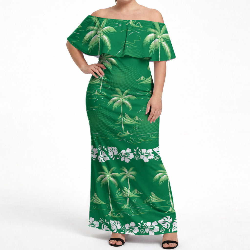 Green Hawaii Palm Tree Hibiscus Off Shoulder Maxi Dress Fantasy Summer Vibe
