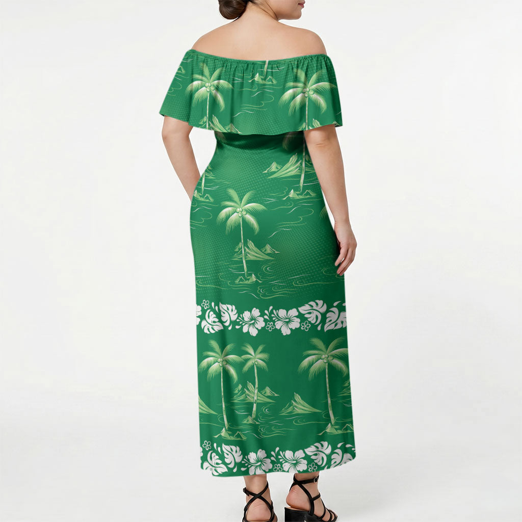 Green Hawaii Palm Tree Hibiscus Off Shoulder Maxi Dress Fantasy Summer Vibe