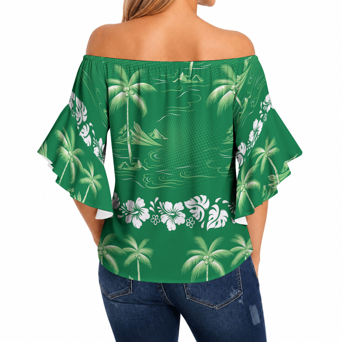 Green Hawaii Palm Tree Hibiscus Off Shoulder Wrap Waist Top Fantasy Summer Vibe