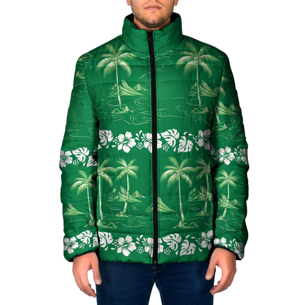 Green Hawaii Palm Tree Hibiscus Padded Jacket Fantasy Summer Vibe