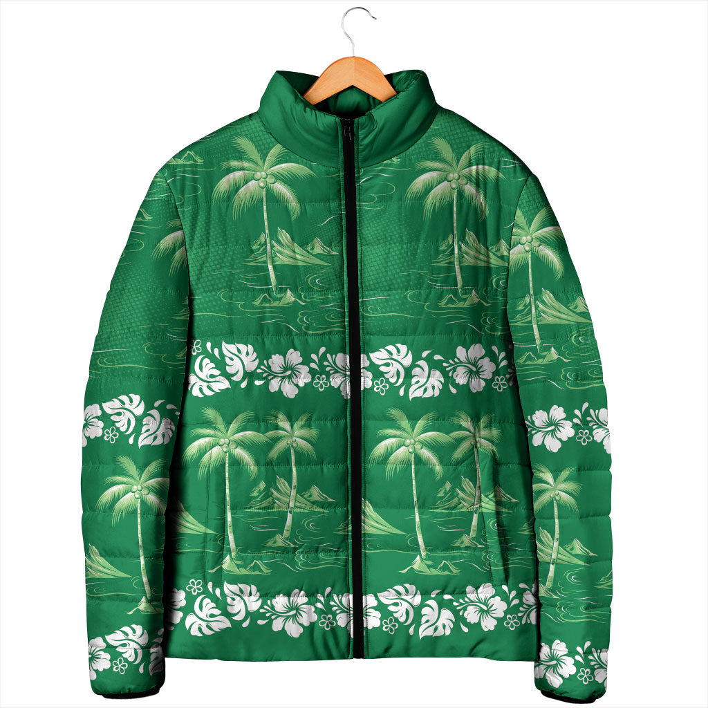 Green Hawaii Palm Tree Hibiscus Padded Jacket Fantasy Summer Vibe