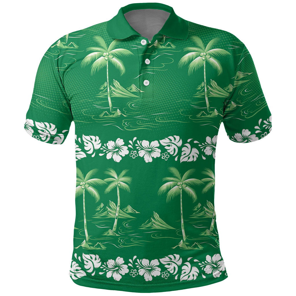 Green Hawaii Palm Tree Hibiscus Polo Shirt Fantasy Summer Vibe