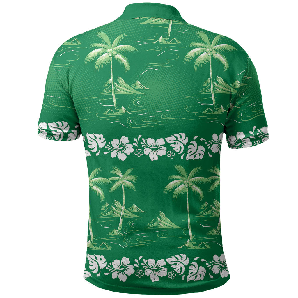 Green Hawaii Palm Tree Hibiscus Polo Shirt Fantasy Summer Vibe