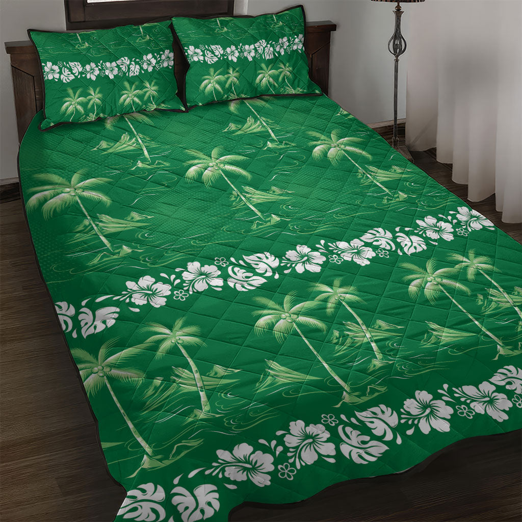 Green Hawaii Palm Tree Hibiscus Quilt Bed Set Fantasy Summer Vibe LT01 Green - Polynesian Pride
