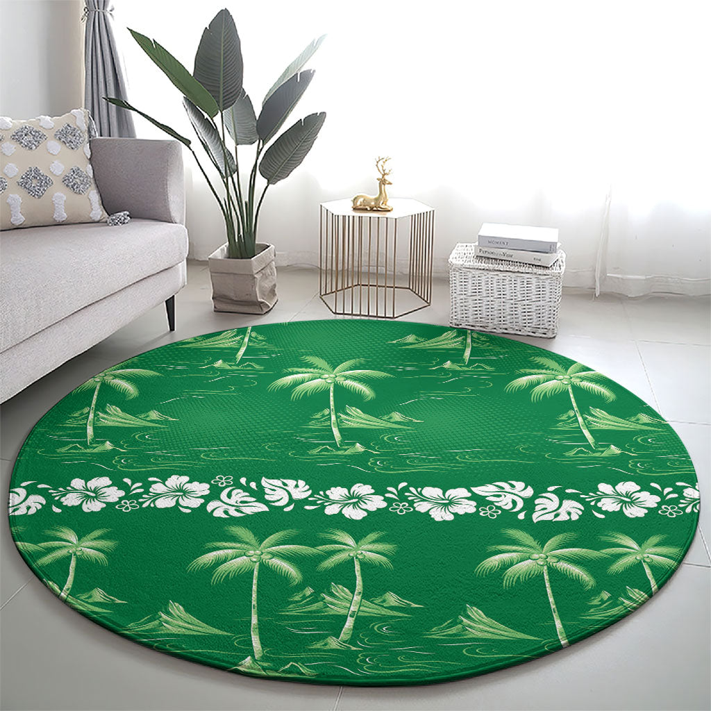 Green Hawaii Palm Tree Hibiscus Round Carpet Fantasy Summer Vibe