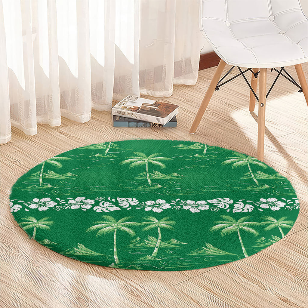 Green Hawaii Palm Tree Hibiscus Round Carpet Fantasy Summer Vibe