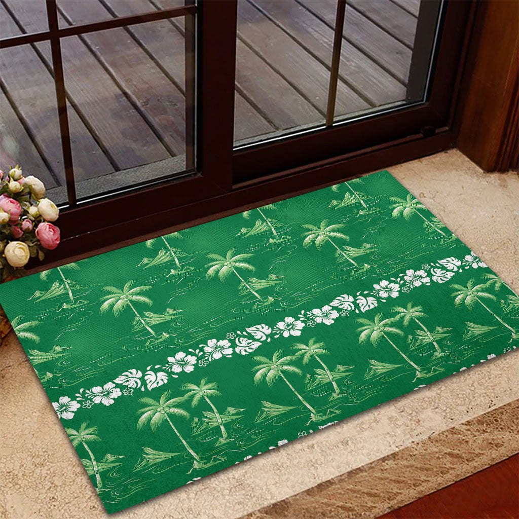 Green Hawaii Palm Tree Hibiscus Rubber Doormat Fantasy Summer Vibe