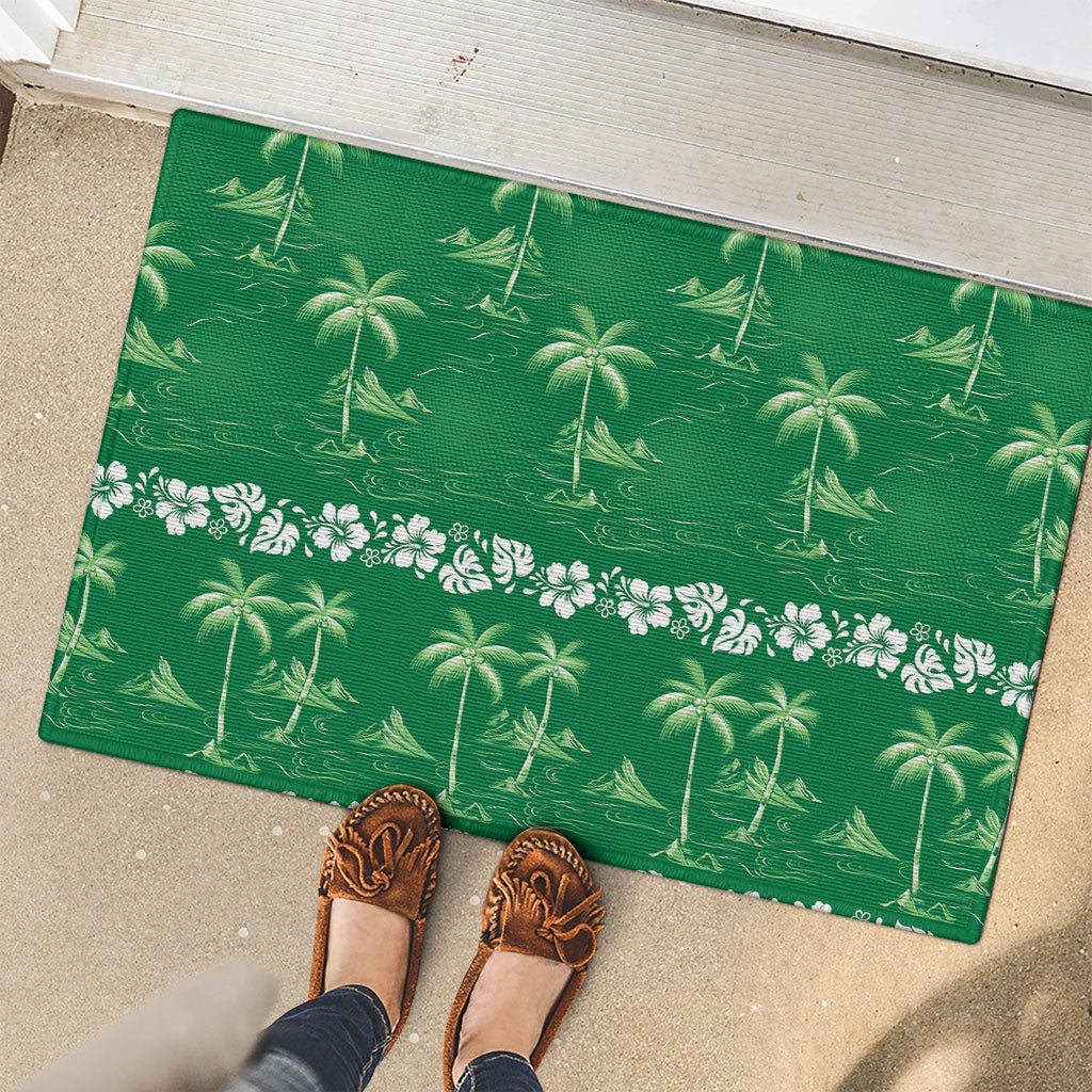 Green Hawaii Palm Tree Hibiscus Rubber Doormat Fantasy Summer Vibe
