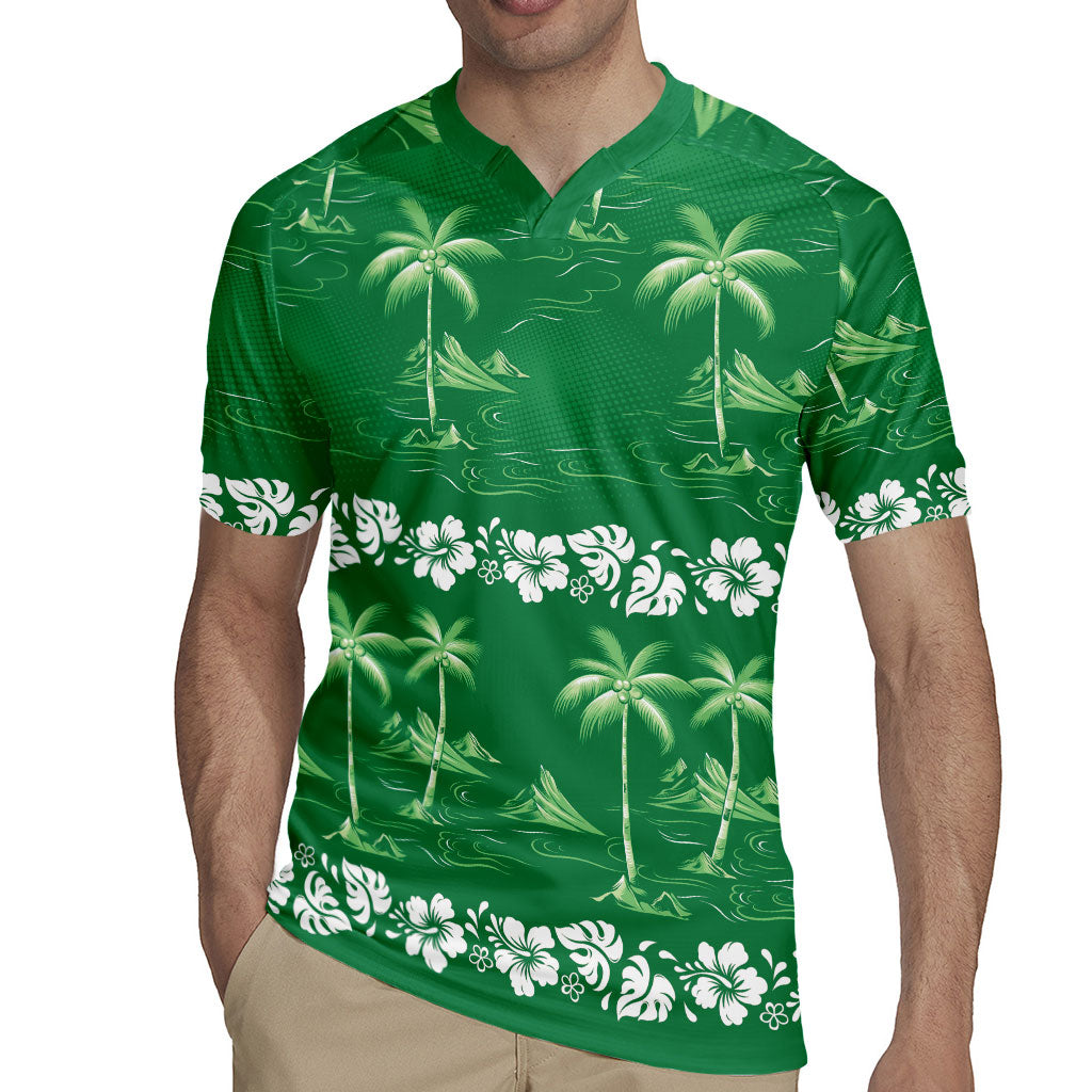 Green Hawaii Palm Tree Hibiscus Rugby Jersey Fantasy Summer Vibe
