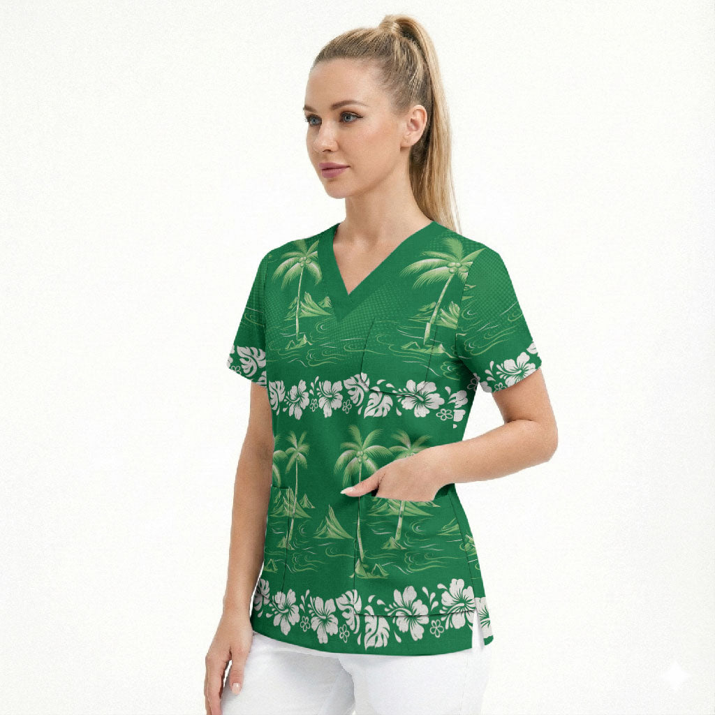 Green Hawaii Palm Tree Hibiscus Scrub Top Fantasy Summer Vibe