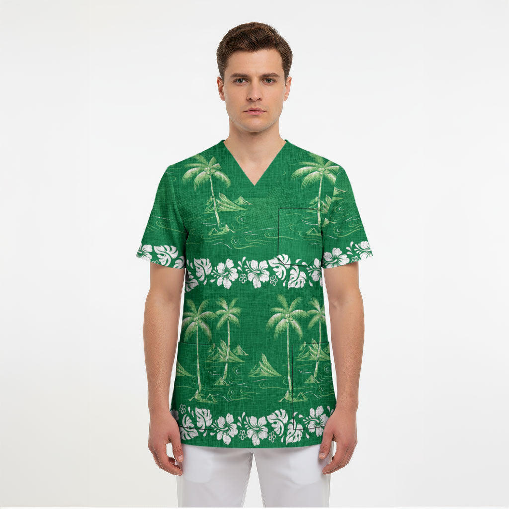 Green Hawaii Palm Tree Hibiscus Scrub Top Fantasy Summer Vibe