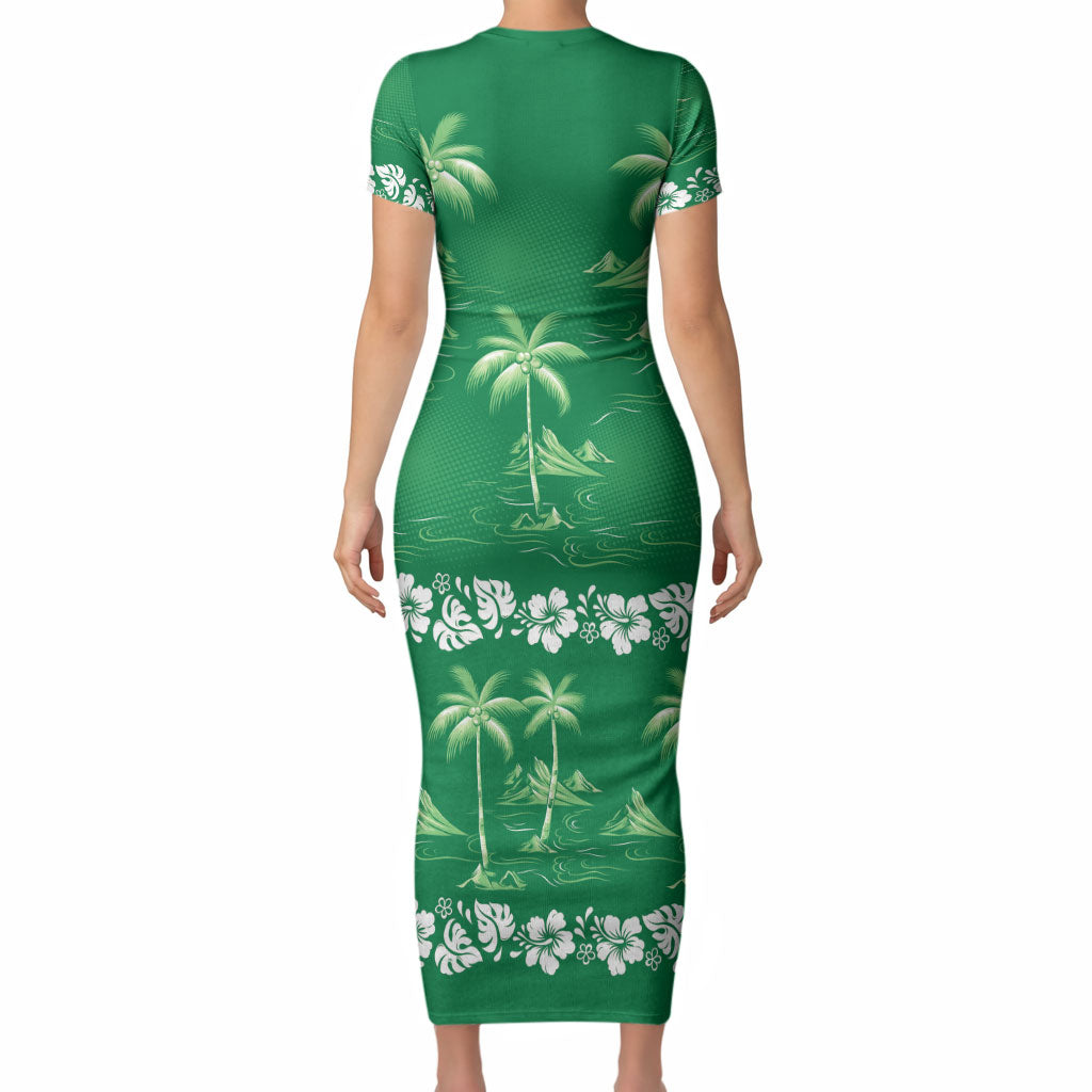 Green Hawaii Palm Tree Hibiscus Short Sleeve Bodycon Dress Fantasy Summer Vibe