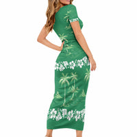 Green Hawaii Palm Tree Hibiscus Short Sleeve Bodycon Dress Fantasy Summer Vibe