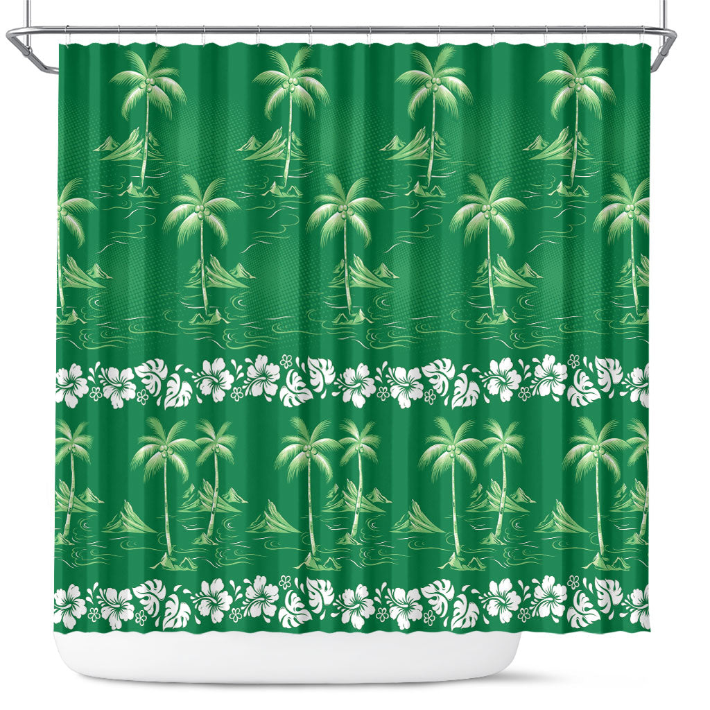 Green Hawaii Palm Tree Hibiscus Shower Curtain Fantasy Summer Vibe