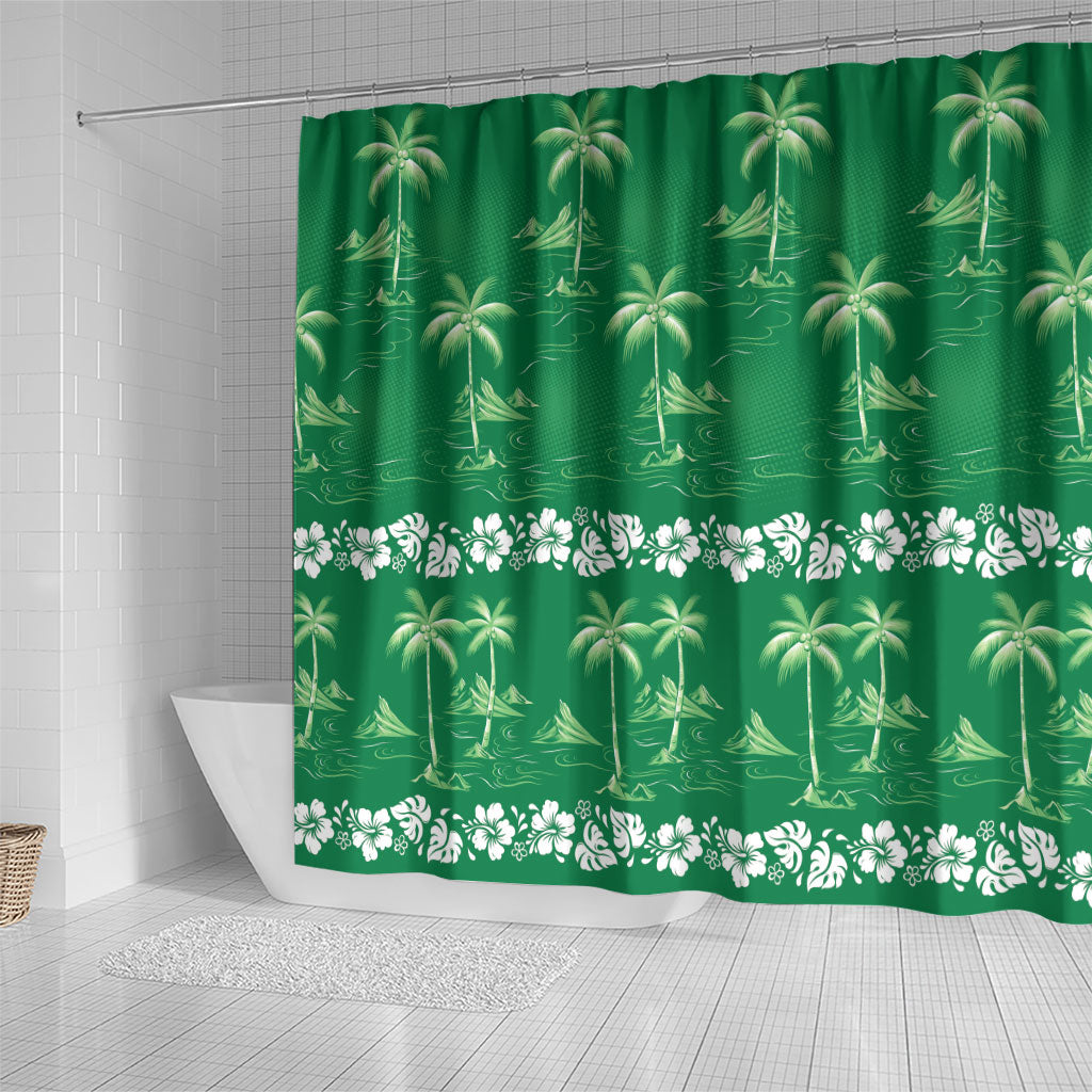 Green Hawaii Palm Tree Hibiscus Shower Curtain Fantasy Summer Vibe