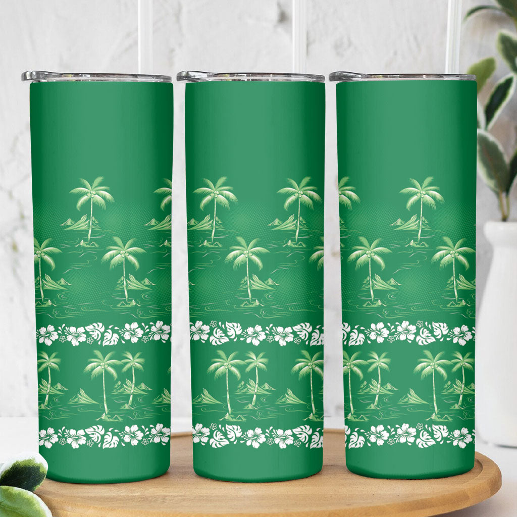 Green Hawaii Palm Tree Hibiscus Skinny Tumbler Fantasy Summer Vibe