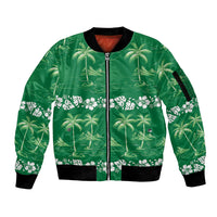 Green Hawaii Palm Tree Hibiscus Sleeve Zip Bomber Jacket Fantasy Summer Vibe
