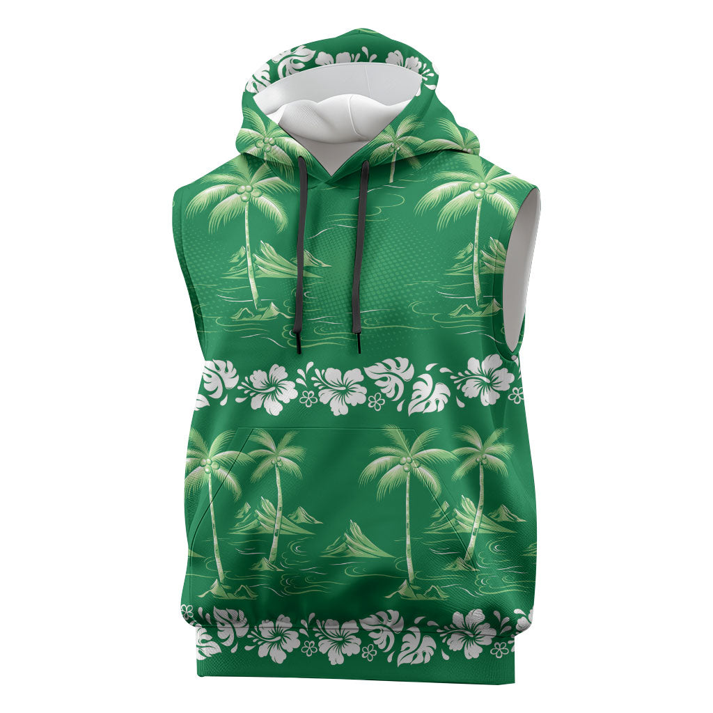 Green Hawaii Palm Tree Hibiscus Sleeveless Hoodie Fantasy Summer Vibe
