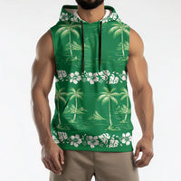 Green Hawaii Palm Tree Hibiscus Sleeveless Hoodie Fantasy Summer Vibe