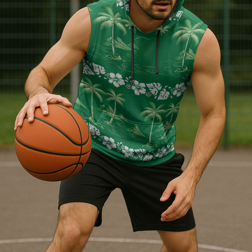 Green Hawaii Palm Tree Hibiscus Sleeveless Hoodie Fantasy Summer Vibe
