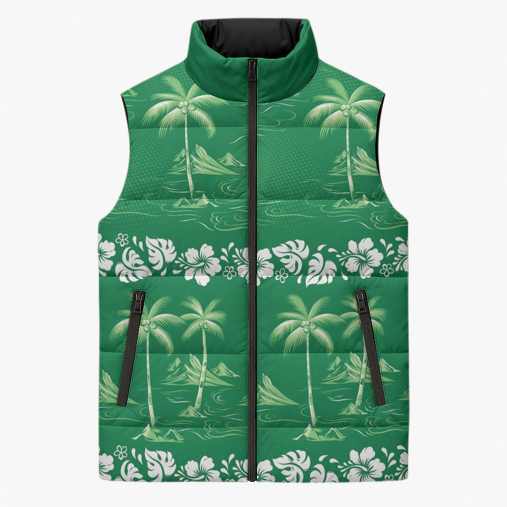 Green Hawaii Palm Tree Hibiscus Sleeveless Puffer Jacket Fantasy Summer Vibe