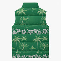 Green Hawaii Palm Tree Hibiscus Sleeveless Puffer Jacket Fantasy Summer Vibe
