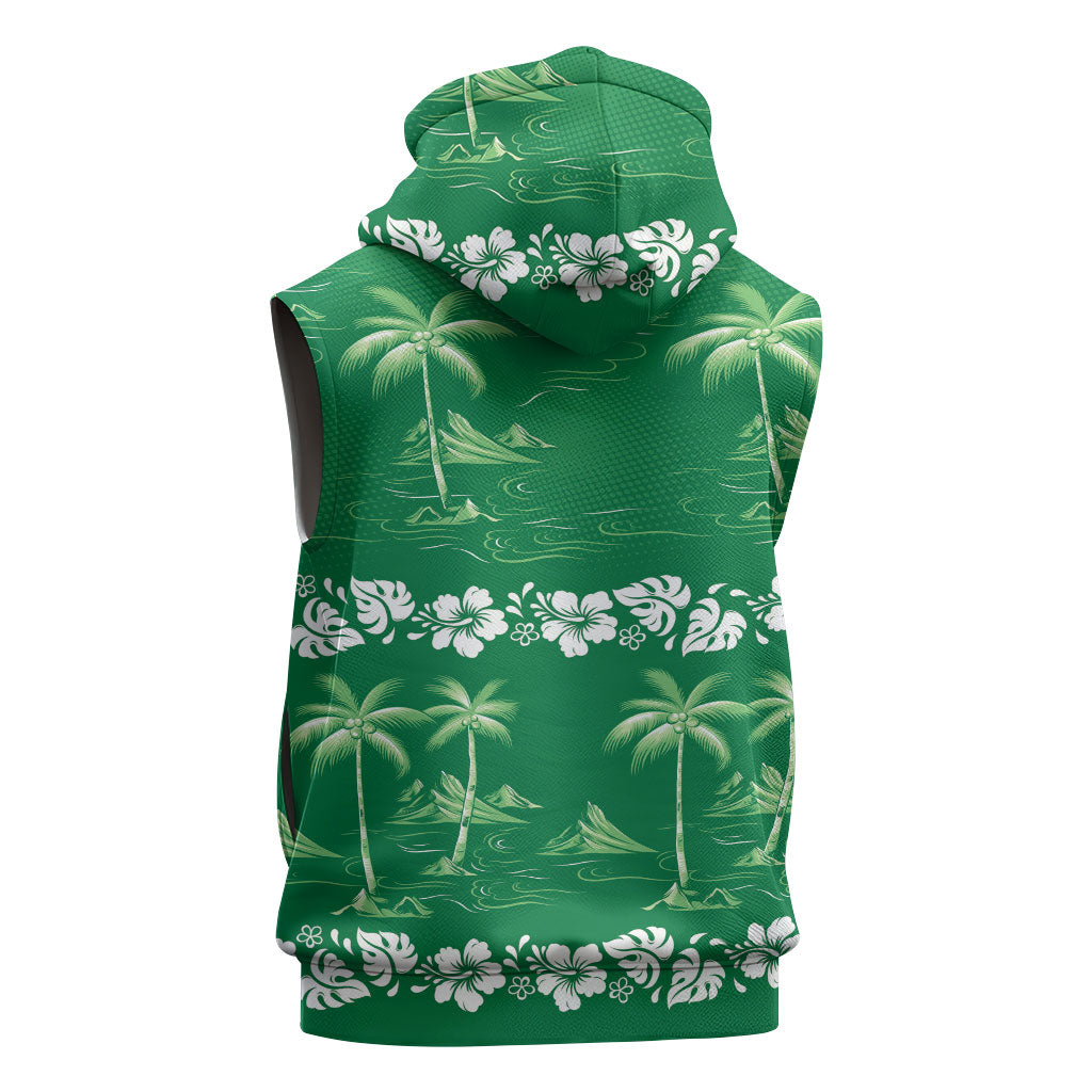 Green Hawaii Palm Tree Hibiscus Sleeveless Zip Hoodie Fantasy Summer Vibe