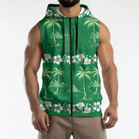 Green Hawaii Palm Tree Hibiscus Sleeveless Zip Hoodie Fantasy Summer Vibe