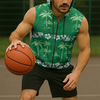 Green Hawaii Palm Tree Hibiscus Sleeveless Zip Hoodie Fantasy Summer Vibe