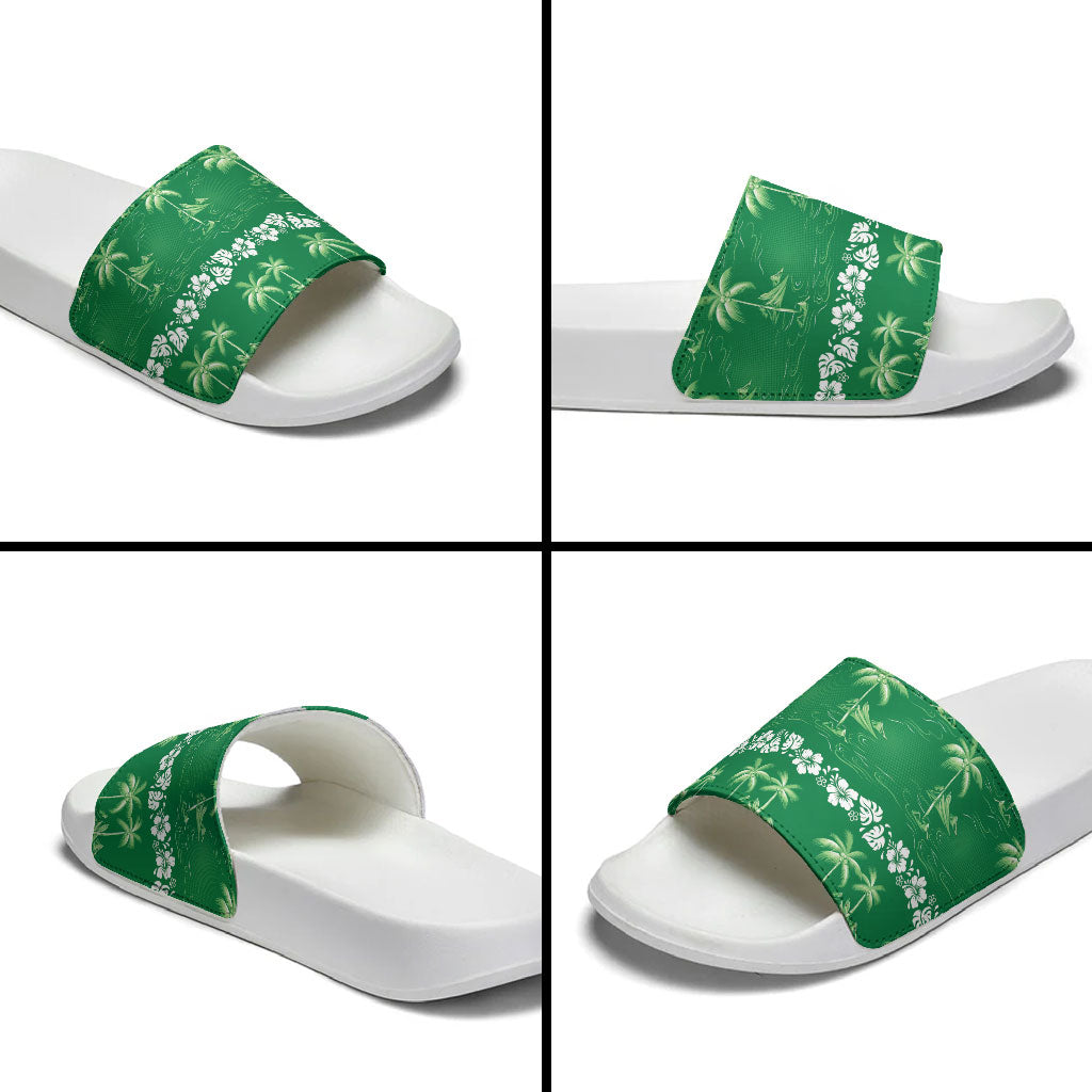 Green Hawaii Palm Tree Hibiscus Slide Sandals Fantasy Summer Vibe