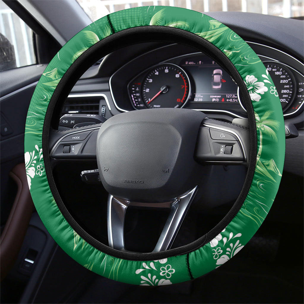Green Hawaii Palm Tree Hibiscus Steering Wheel Cover Fantasy Summer Vibe