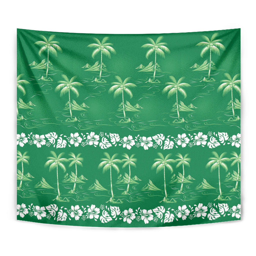 Green Hawaii Palm Tree Hibiscus Tapestry Fantasy Summer Vibe