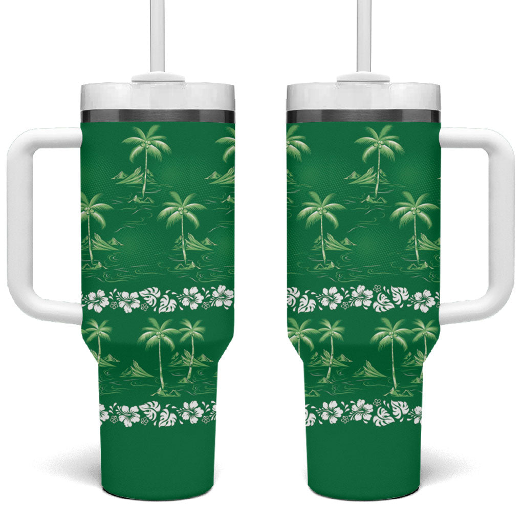 Green Hawaii Palm Tree Hibiscus Tumbler With Handle Fantasy Summer Vibe