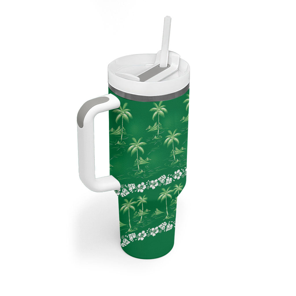Green Hawaii Palm Tree Hibiscus Tumbler With Handle Fantasy Summer Vibe