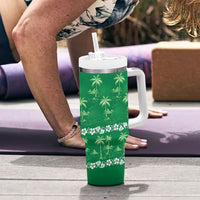 Green Hawaii Palm Tree Hibiscus Tumbler With Handle Fantasy Summer Vibe
