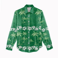 Green Hawaii Palm Tree Hibiscus Women Casual Shirt Fantasy Summer Vibe