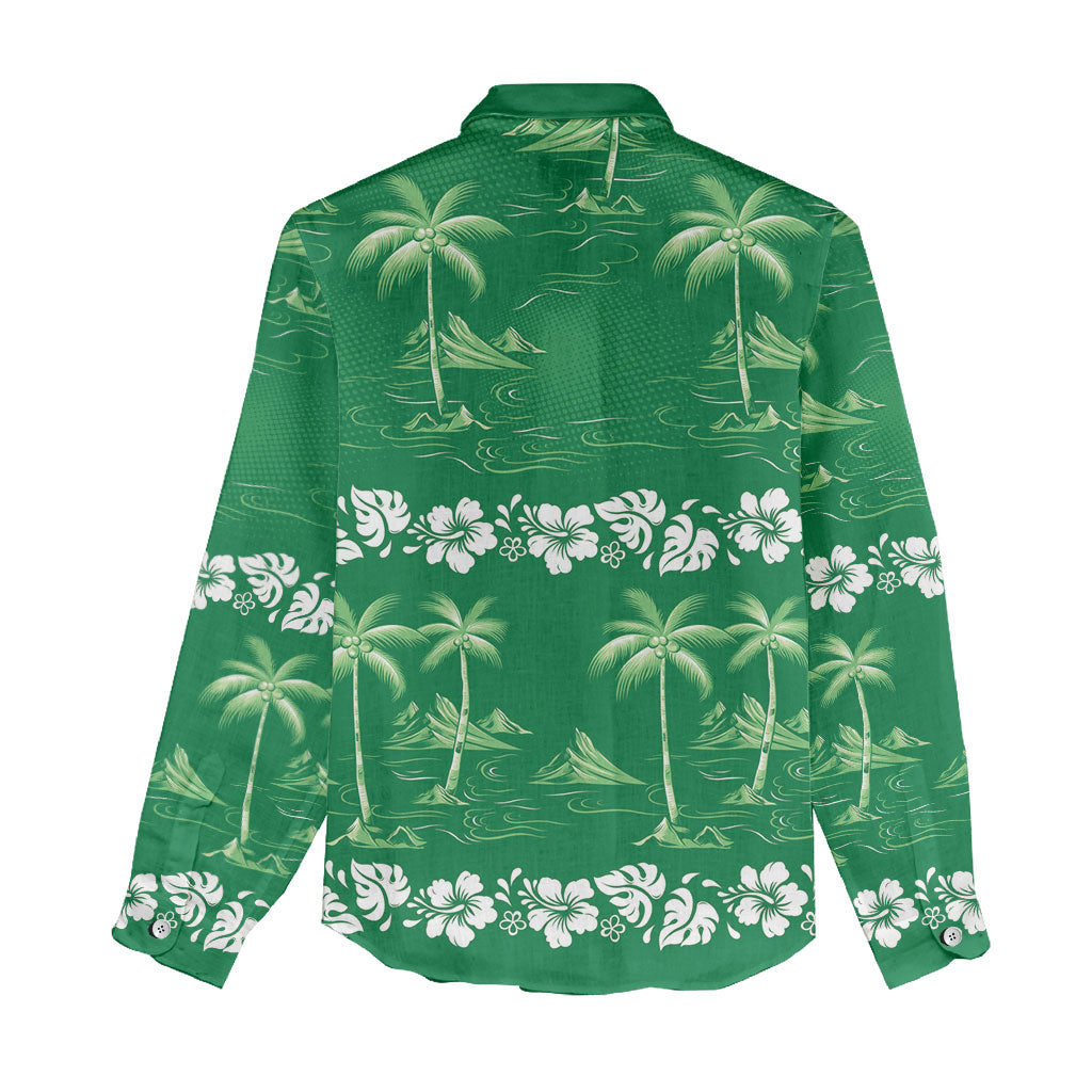 Green Hawaii Palm Tree Hibiscus Women Casual Shirt Fantasy Summer Vibe