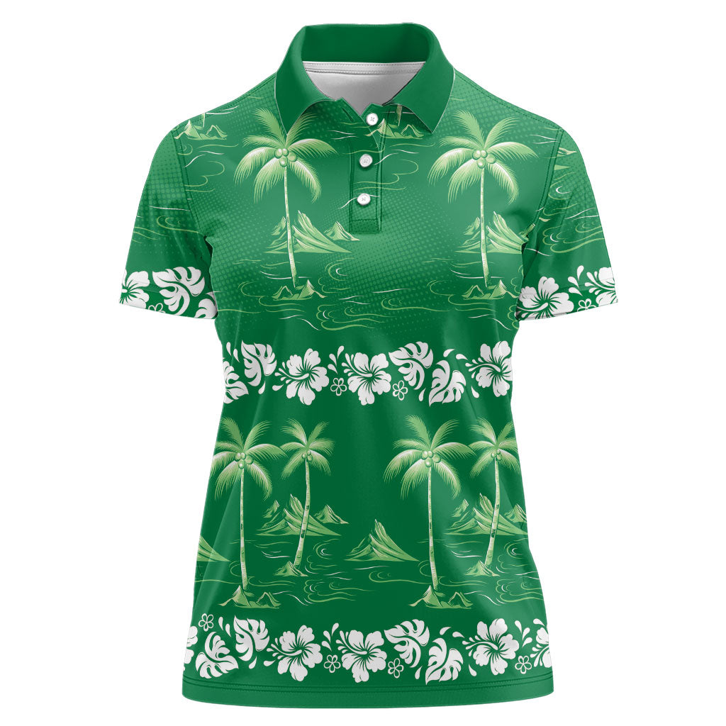 Green Hawaii Palm Tree Hibiscus Women Polo Shirt Fantasy Summer Vibe